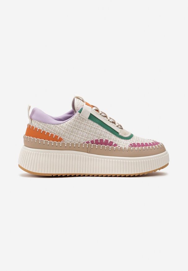 Born2be - Beżowe Sneakersy na Platformie z Tweedową Wstawką Nanelwi. Kolor: beżowy. Wzór: aplikacja. Obcas: na platformie
