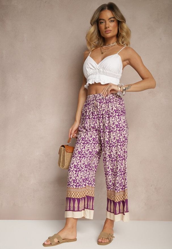 Renee - Fioletowe Spodnie z Bawełny High Waist z Abstrakcyjnym Wzorem Lisathiela. Okazja: na co dzień. Stan: podwyższony. Kolor: fioletowy. Materiał: bawełna. Styl: casual