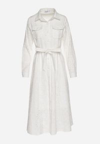 Born2be - Biała Bawełniana Sukienka z Ażurowym Wzorem i Paskiem Noviellea. Okazja: na co dzień. Kolor: biały. Materiał: bawełna. Wzór: ażurowy. Styl: casual, elegancki, klasyczny #5