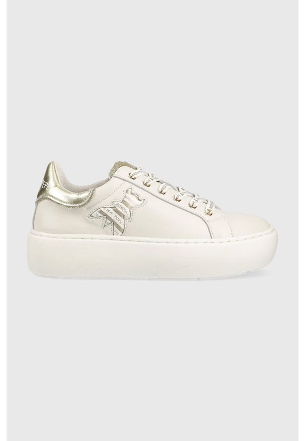 Patrizia Pepe sneakersy skórzane dziecięce kolor beżowy. Nosek buta: okrągły. Zapięcie: rzepy. Kolor: beżowy. Materiał: skóra. Obcas: na platformie