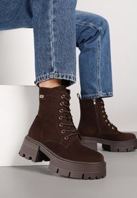 Born2be - Brązowe Sznurowane Botki Workery na Platformie Xaliefra. Nosek buta: okrągły. Zapięcie: sznurówki. Kolor: brązowy. Materiał: jeans, skóra. Obcas: na platformie. Styl: elegancki, rockowy