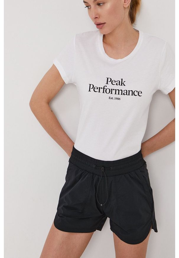 Peak Performance Szorty damskie kolor czarny gładkie medium waist. Okazja: na co dzień. Kolor: czarny. Materiał: tkanina, materiał. Wzór: gładki. Styl: casual