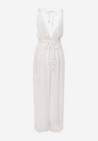 Born2be - Biały Wiskozowy Kombinezon z Gumką w Pasie i Plecionym Sznurkiem z Lnem Evalin. Kolor: biały. Materiał: wiskoza, len. Długość rękawa: na ramiączkach. Wzór: aplikacja #6