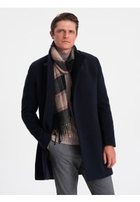Ombre Clothing - Płaszcz męski z asymetrycznym zapięciem - granatowy V3 - Rozmiar: S. Kolor: niebieski. Materiał: wiskoza, poliester