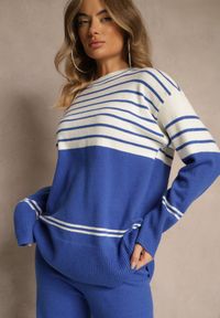 Renee - Niebieski Komplet z Dzianiny z Wełną Pasiasty Sweter i Spodnie Ralleia. Kolor: niebieski. Materiał: dzianina, wełna. Wzór: paski #2