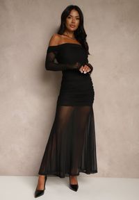 Renee - Czarna Koktajlowa Sukienka z Prześwitującymi Rękawami i Marszczeniem Haludea. Okazja: na imprezę. Kolor: czarny. Styl: wizytowy #1