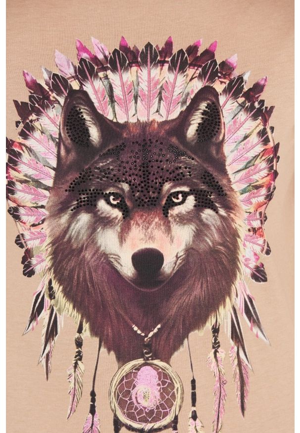 Guess - GUESS Brązowy damski t-shirt bawełniany z wilkiem, Rozmiar S. Kolor: brązowy. Materiał: bawełna. Wzór: nadruk