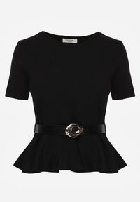 Born2be - Czarna Bluzka Dzianinowa z Baskinką i Paskiem Lyvara. Okazja: na co dzień. Kolor: czarny. Materiał: dzianina. Styl: casual, klasyczny #8