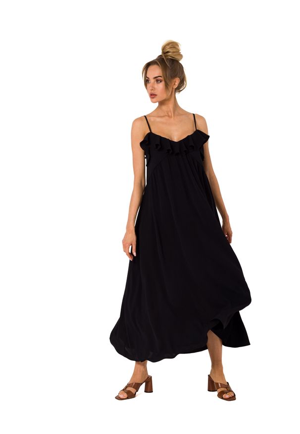 MOE - Midi Sukienka na Cienkich Ramiączkach - Czarna. Kolor: czarny. Materiał: poliester, elastan. Długość rękawa: na ramiączkach. Długość: midi
