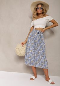 Renee - Niebieskie Spodnie z Szerokimi Nogawkami High Waist z Bawełną Paskiem i Gumką w Talii Drosofia. Okazja: na co dzień. Stan: podwyższony. Kolor: niebieski. Materiał: bawełna. Styl: casual, elegancki