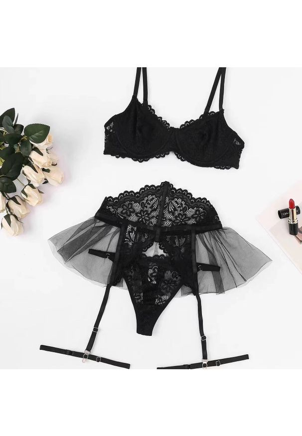 Intica - Komplet bielizny z koronką i tiulem Jose. Kolor: czarny. Materiał: tiul, koronka. Wzór: koronka