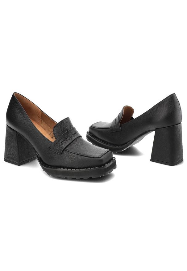 Czarne Półbuty Exquisite Eleganckie Skórzane Buty Damskie. Zapięcie: bez zapięcia. Kolor: czarny. Materiał: skóra. Szerokość cholewki: normalna. Wzór: aplikacja. Obcas: na obcasie. Styl: elegancki. Wysokość obcasa: średni