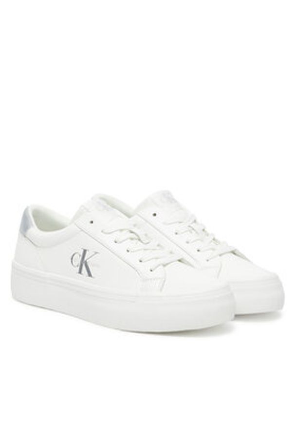 Calvin Klein Jeans Sneakersy Vulc Flatf Lth Silver Logo Tag YW0YW01877 Biały. Kolor: biały. Materiał: skóra