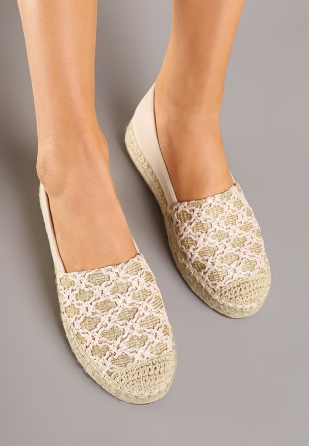 Born2be - Beżowe Espadryle z Plecionym Sznurkiem i Geometrycznym Wzorem Sdivira. Okazja: na co dzień. Kolor: beżowy. Materiał: jeans. Wzór: geometria. Obcas: na obcasie. Styl: elegancki, casual. Wysokość obcasa: niski