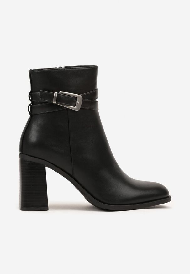 Renee - Czarne Botki na Słupku z Metaliczną Klamrą Fesanna. Okazja: na co dzień. Zapięcie: klamry. Kolor: czarny. Materiał: jeans. Obcas: na słupku. Styl: casual, elegancki