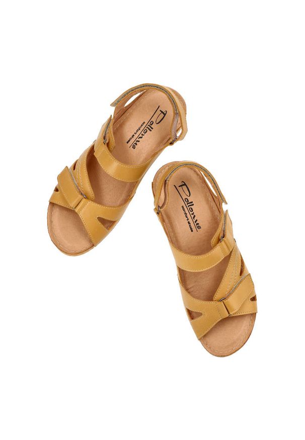 Żółte Sandały Pollonus Damskie Wygodne Obuwie. Zapięcie: rzepy. Kolor: żółty. Materiał: skóra. Wzór: aplikacja. Sezon: lato. Styl: elegancki