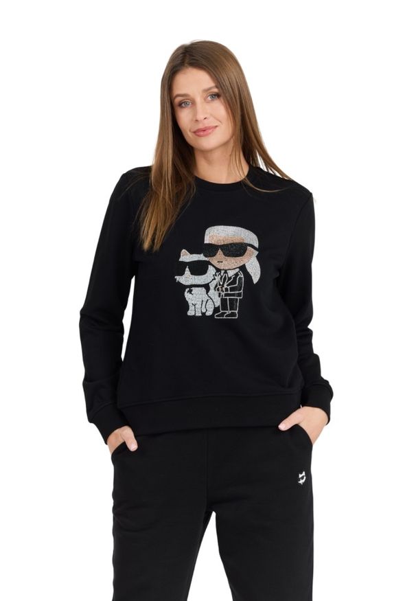 Karl Lagerfeld - KARL LAGERFELD Czarna damska bluza z cyrkoniami Ikonik 2.0, Rozmiar XS. Kolor: czarny. Materiał: materiał. Wzór: aplikacja. Styl: elegancki