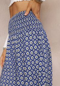 Renee - Granatowe Szerokie Spodnie High Waist Bawełniane z Gumką w Talii Yeena. Stan: podwyższony. Kolor: niebieski. Materiał: bawełna. Wzór: nadruk