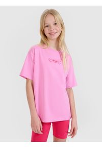 4f - 4F T-shirt oversize gładki dziewczęcy - różowy 164 (13-14 lat). Okazja: na co dzień. Kolor: różowy. Materiał: bawełna, jersey, dzianina. Długość rękawa: krótki rękaw. Długość: krótkie. Wzór: gładki. Sezon: lato. Styl: sportowy, klasyczny, casual