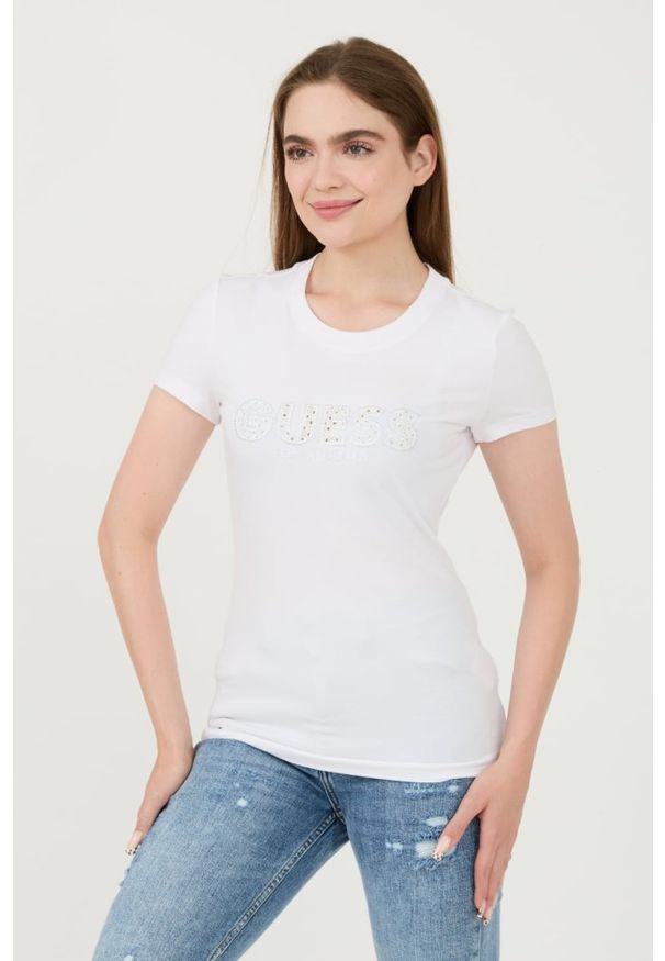 Guess - GUESS Biały damski t-shirt Sangallo Tee, Rozmiar M. Kolor: biały