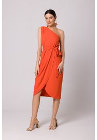 MOE - Efektowna Sukienka na Jedno Ramię - Koralowa. Kolor: pomarańczowy. Materiał: poliester, elastan #1