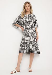 Born2be - Biała Sukienka o Pudełkowym Kroju z Wiązaniem przy Dekolcie w Roślinny Wzór Mirionela. Kolor: biały. Długość rękawa: krótki rękaw #1
