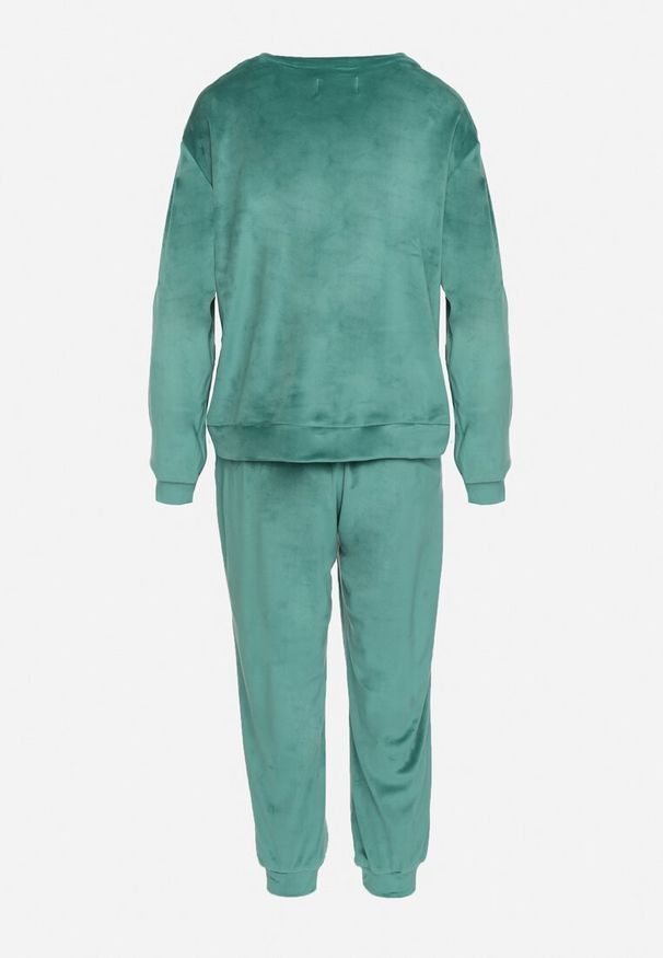 Born2be - Zielony Welurowy Komplet Dresowy Bluza z Trójkątnym Dekoltem i Spodnie z Kieszeniami Onchia. Kolor: zielony. Materiał: welur, dresówka