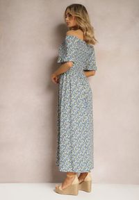 Renee - Niebieska Sukienka Hiszpanka z Elastycznym Dekoltem i Rozkloszowanym Dołem z Bawełny Coralinma. Typ kołnierza: dekolt hiszpanka. Kolor: niebieski. Materiał: bawełna. Długość rękawa: krótki rękaw. Sezon: lato. Typ sukienki: rozkloszowane. Styl: elegancki