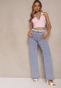 Renee - Niebieskie Jeansy Szerokie Ozdobione Cyrkoniami z Bawełną Nelkio. Okazja: na co dzień. Stan: podwyższony. Kolor: niebieski. Wzór: aplikacja. Styl: casual, elegancki