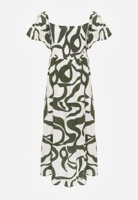 Born2be - Ciemnozielona Wiskozowa Sukienka z Bufiastymi Rękawami w Abstrakcyjny Wzór Tibee. Okazja: na co dzień. Kolor: zielony. Materiał: wiskoza. Wzór: nadruk. Typ sukienki: proste. Styl: elegancki, wakacyjny, casual #2