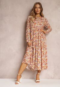 Renee - Pomarańczowo-Fioletowa Sukienka Dorosa. Kolor: pomarańczowy. Długość rękawa: długi rękaw. Wzór: kwiaty. Długość: midi #5