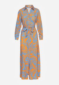 Renee - Niebiesko-Pomarańczowa Sukienka Koszulowa Maxi z Materiałowym Paskiem w Abstrakcyjny Print Lirans. Kolor: niebieski. Materiał: materiał. Wzór: nadruk. Typ sukienki: koszulowe. Długość: maxi #2