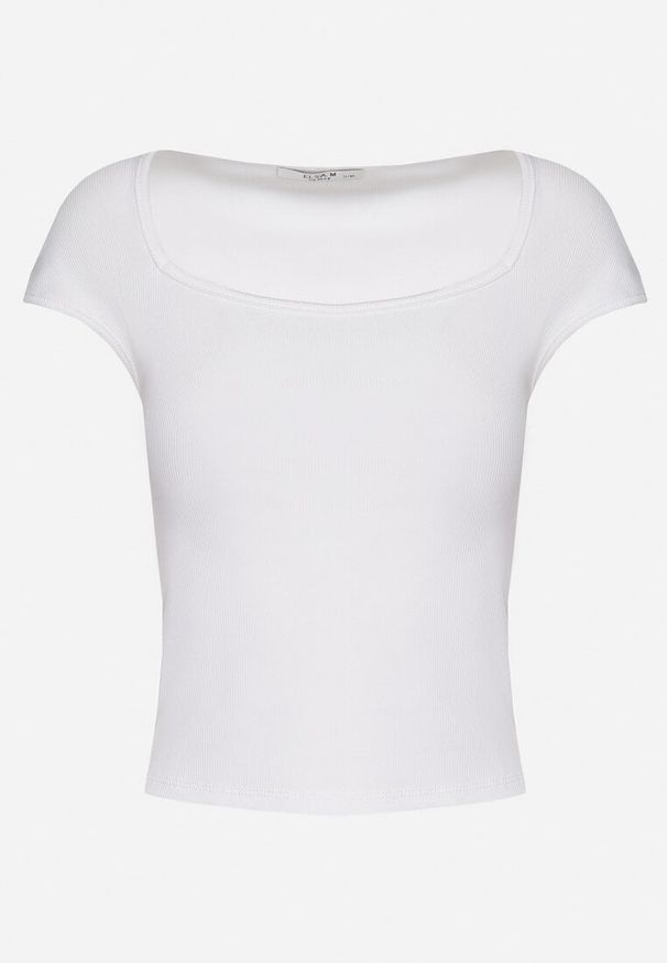Born2be - Biały Dopasowany T-shirt z Wiskozą w Prążki z Kwadratowym Dekoltem Alannia. Okazja: na spotkanie biznesowe, do pracy, na co dzień. Typ kołnierza: dekolt kwadratowy. Kolor: biały. Materiał: wiskoza. Wzór: prążki. Styl: biznesowy, casual