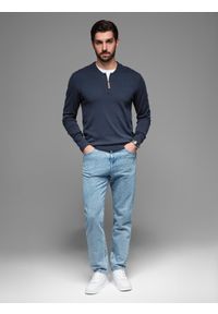 Ombre Clothing - Sweter męski z wiskozą i rozpinanym dekoltem – granatowy V4 - Rozmiar: S. Typ kołnierza: kołnierzyk stójkowy. Kolor: niebieski. Materiał: wiskoza. Wzór: gładki, aplikacja, ze splotem. Styl: elegancki #1