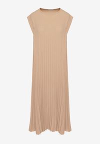 Born2be - Beżowa Plisowana Sukienka Mavence. Okazja: na co dzień. Kolor: brązowy. Wzór: nadruk. Styl: casual, klasyczny #2