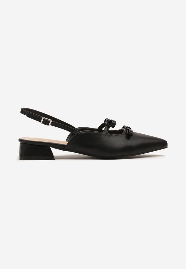Born2be - Czarne Eleganckie Sandały na Niskim Słupku z Kokardkami i Noskiem w Szpic Rensara. Okazja: na co dzień. Zapięcie: pasek. Kolor: czarny. Materiał: jeans. Obcas: na słupku. Styl: elegancki