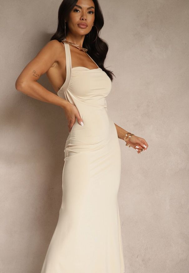 Renee - Beżowa Koktajlowa Sukienka Taliowana z Wiskozą Folarose. Okazja: na imprezę. Kolor: beżowy. Materiał: wiskoza. Styl: wizytowy