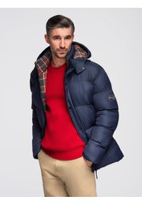 Ombre Clothing - Kurtka męska puffer z podszewką w kratę – granatowa V1. Kolor: niebieski. Materiał: syntetyk, materiał, poliester, bawełna, guma, nylon. Długość: długie. Wzór: aplikacja
