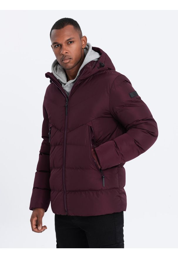 Ombre Clothing - Kurtka męska zimowa z nietypowym pikowaniem - bordowa V5 - Rozmiar: XL. Typ kołnierza: kołnierzyk stójkowy. Kolor: czerwony. Materiał: polar, poliester. Sezon: zima