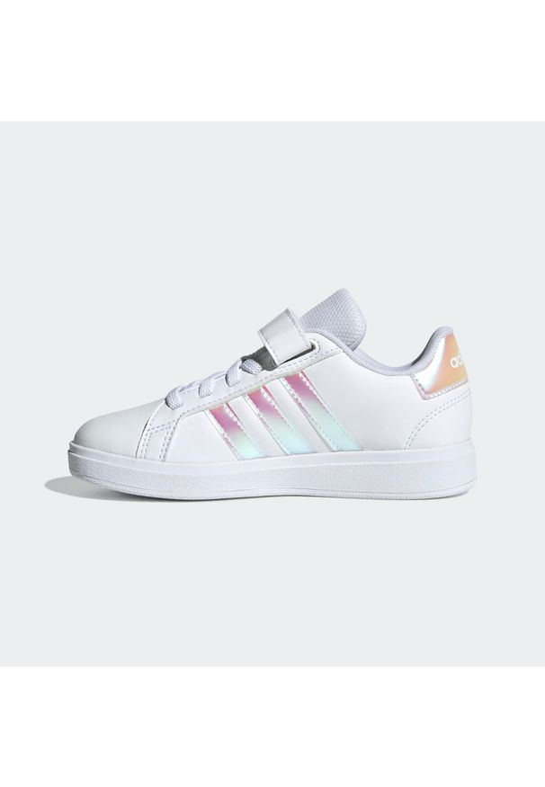 Adidas - Buty dla dzieci ADIDAS Grand Court. Zapięcie: rzepy. Kolor: biały, wielokolorowy, różowy. Materiał: guma, materiał, kauczuk, syntetyk. Szerokość cholewki: normalna