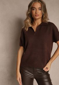 Renee - Brązowy Sweter z Wełną z Krótkim Rękawem i Dekoltem V z Kołnierzem Tevirna. Kolor: brązowy. Materiał: wełna. Długość rękawa: krótki rękaw. Długość: krótkie