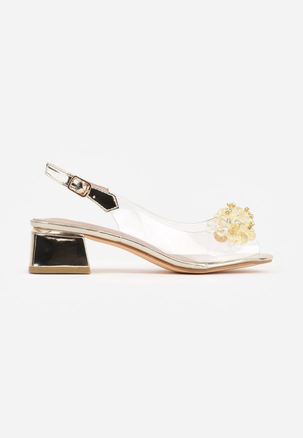 Renee - Złote Przezroczyste Sandały VICES na Słupku Ozdobione Cyrkoniami Sarlisa. Zapięcie: sprzączka. Kolor: złoty. Materiał: satyna. Wzór: aplikacja. Obcas: na słupku