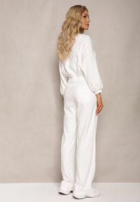 Renee - Biały Bawełniany Komplet Bluza Krótka ze Ściągaczem i Szerokie Spodnie ze Sznurkiem w Pasie Rionnea. Kolor: biały. Materiał: bawełna #3
