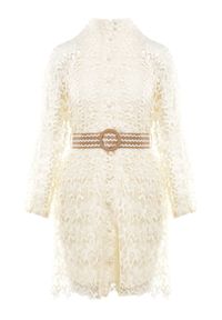 Born2be - Jasnobeżowa Sukienka z Paskiem Demamia. Okazja: na co dzień. Typ kołnierza: kołnierzyk stójkowy. Kolor: beżowy. Materiał: materiał, koronka. Długość rękawa: długi rękaw. Typ sukienki: proste. Styl: casual. Długość: mini #4