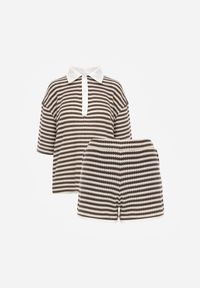 Born2be - Beżowo-Brązowy Dzianinowy Komplet Oversize w Paski Koszulka Polo i Szorty Tesanore. Kolor: beżowy. Materiał: dzianina. Wzór: paski #8