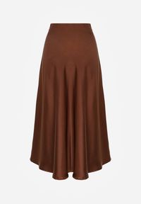 Renee - Brązowa Satynowa Midi Spódnica Rozkloszowana z Gumką w Pasie i Suwakiem Leose. Kolor: brązowy. Materiał: satyna #5