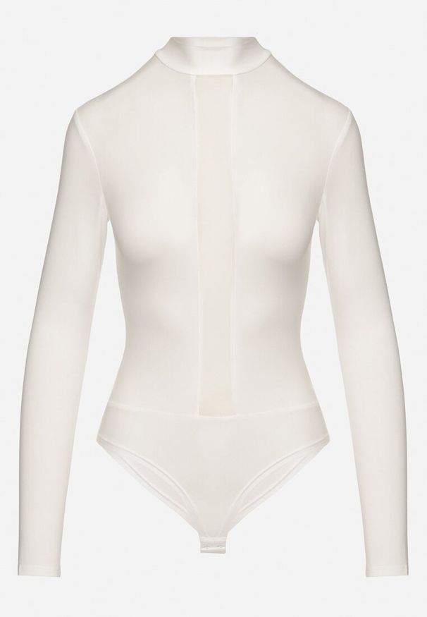 Born2be - Białe Body z Transparentną Wstawką i Długim Rękawem Gaatha. Kolor: biały. Materiał: materiał. Długość rękawa: długi rękaw. Długość: długie