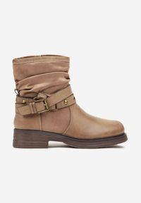 Born2be - Ciemnobeżowe Marszczone Botki Bikery z Paskami i Metalicznymi Klamrami Lirrive. Okazja: na co dzień. Zapięcie: klamry. Kolor: beżowy. Materiał: jeans. Styl: klasyczny, casual, elegancki #4