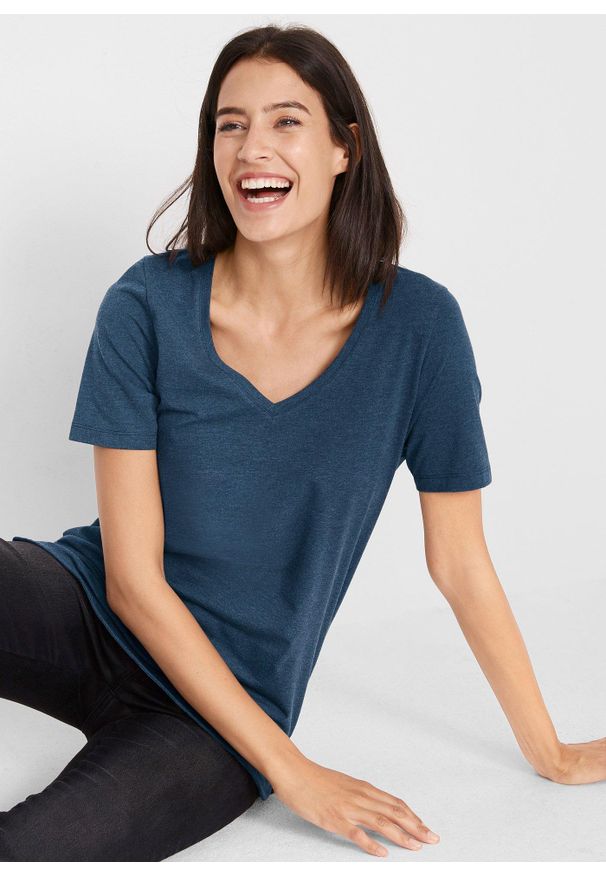 bonprix - T-shirt z bawełną organiczną. Typ kołnierza: dekolt w serek. Kolor: niebieski. Materiał: bawełna