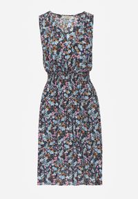 Renee - Granatowa Kwiecista Sukienka Midi z Wiskozy Bez Rękawów z Gumkami w Talii Sarunna. Okazja: na co dzień. Kolor: niebieski. Materiał: wiskoza. Długość rękawa: bez rękawów. Wzór: aplikacja. Sezon: wiosna, lato. Styl: casual. Długość: midi #2